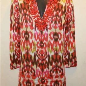 Jones New York Ladies Long Summer Sleeve Blouse Tie Dye Print with Red Beading